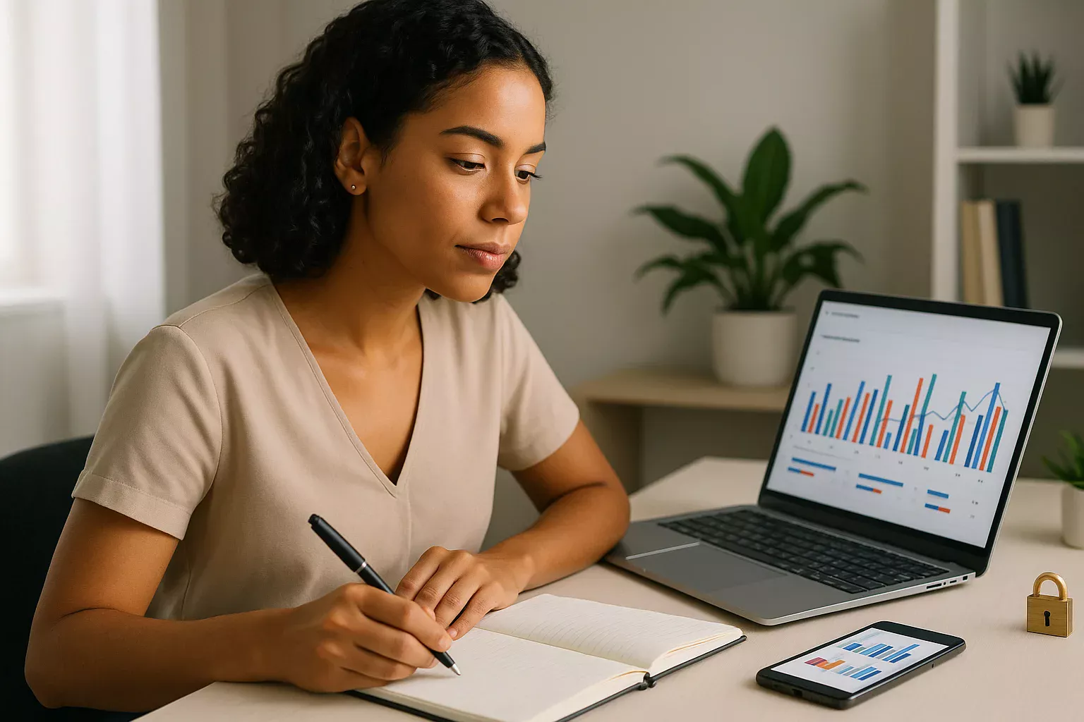 Mulher brasileira analisando estatísticas e odds de apostas esportivas em seu notebook