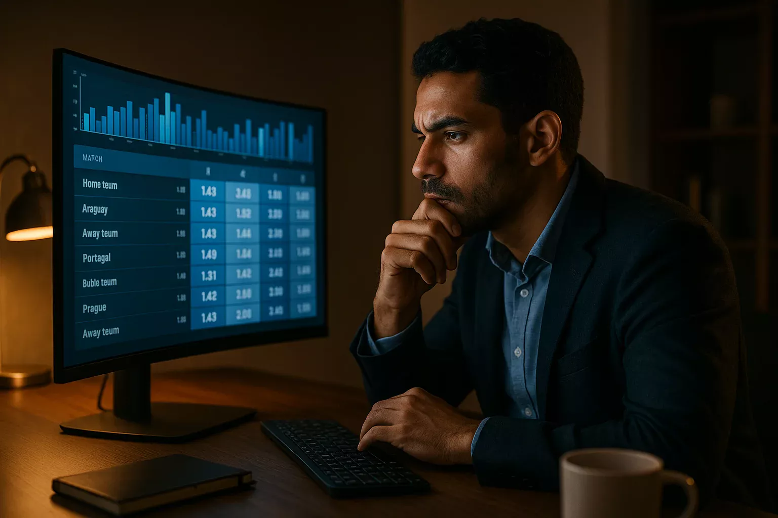Analista estudando odds e probabilidades em ambiente profissional