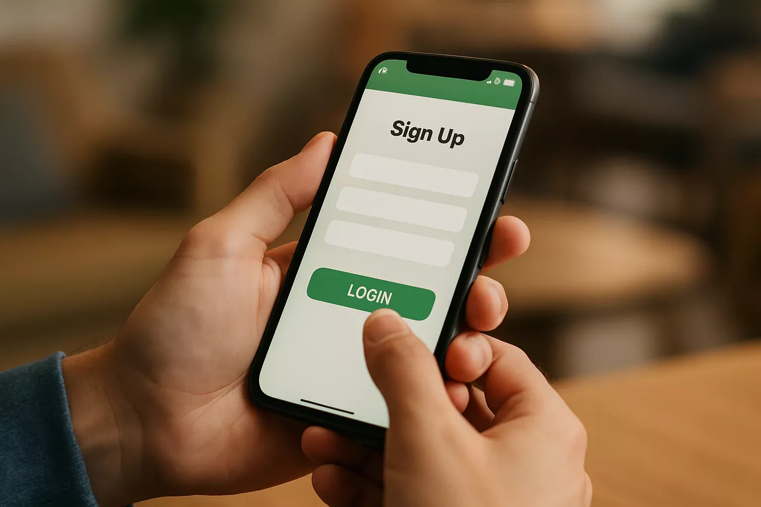 Mãos segurando celular mostrando tela de cadastro em aplicativo de apostas esportivas