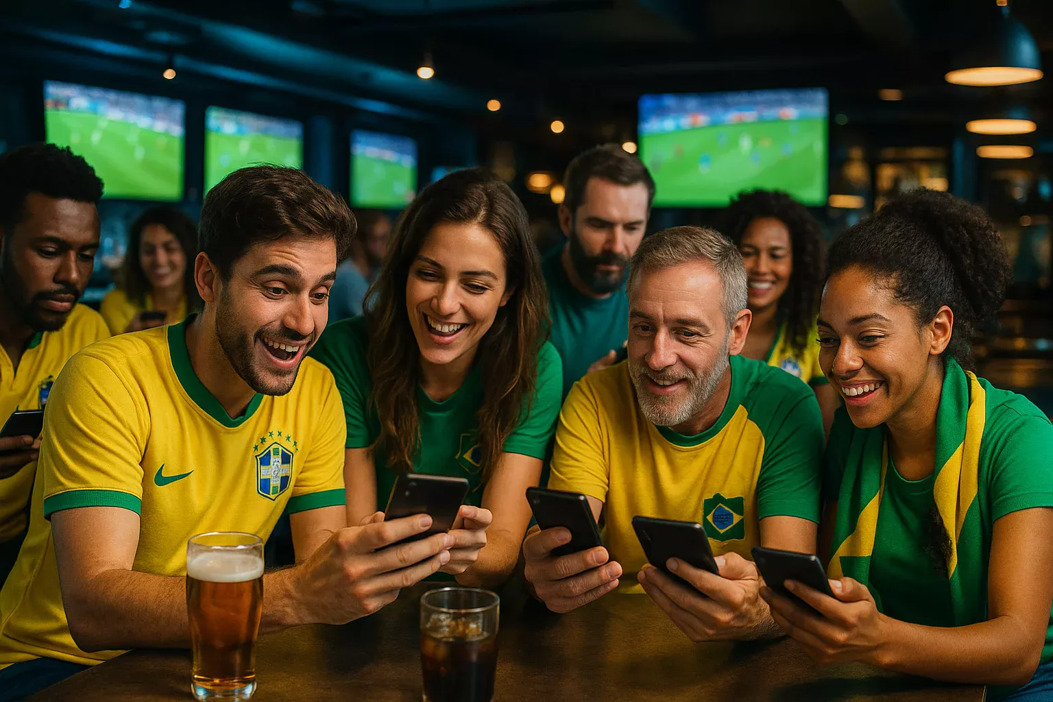 Grupo de torcedores brasileiros em bar esportivo usando celulares para apostas enquanto assistem jogos de futebol