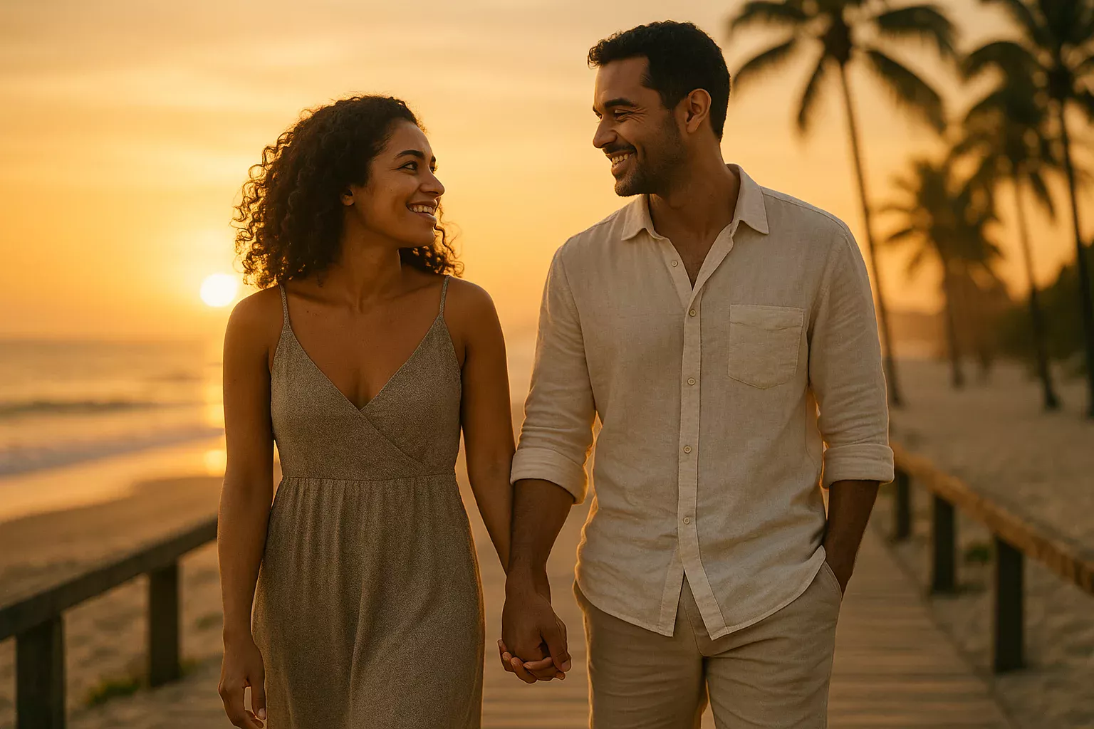 Casal brasileiro feliz caminhando na praia ao pôr do sol, representando equilíbrio e jogo responsável