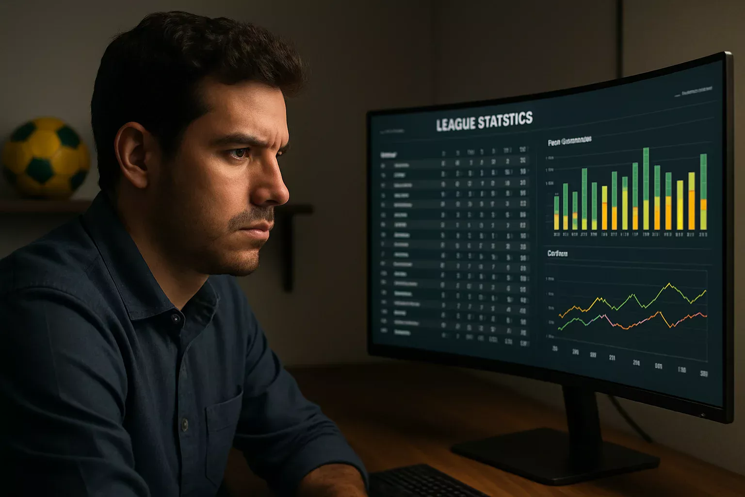 Analista focado estudando dados de uma liga esportiva especifica