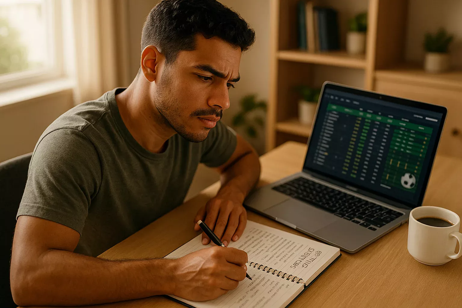 Pessoa estudando estrategias de apostas esportivas com anotacoes