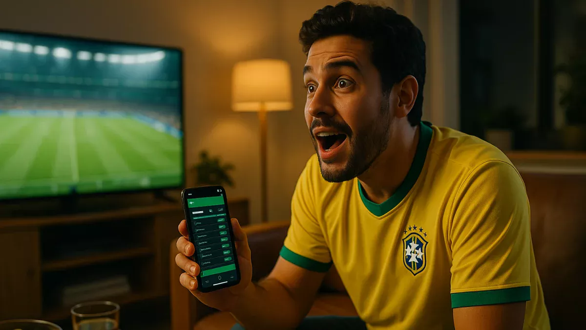 Torcedor brasileiro assistindo futebol e fazendo apostas esportivas pelo celular em sua sala de estar
