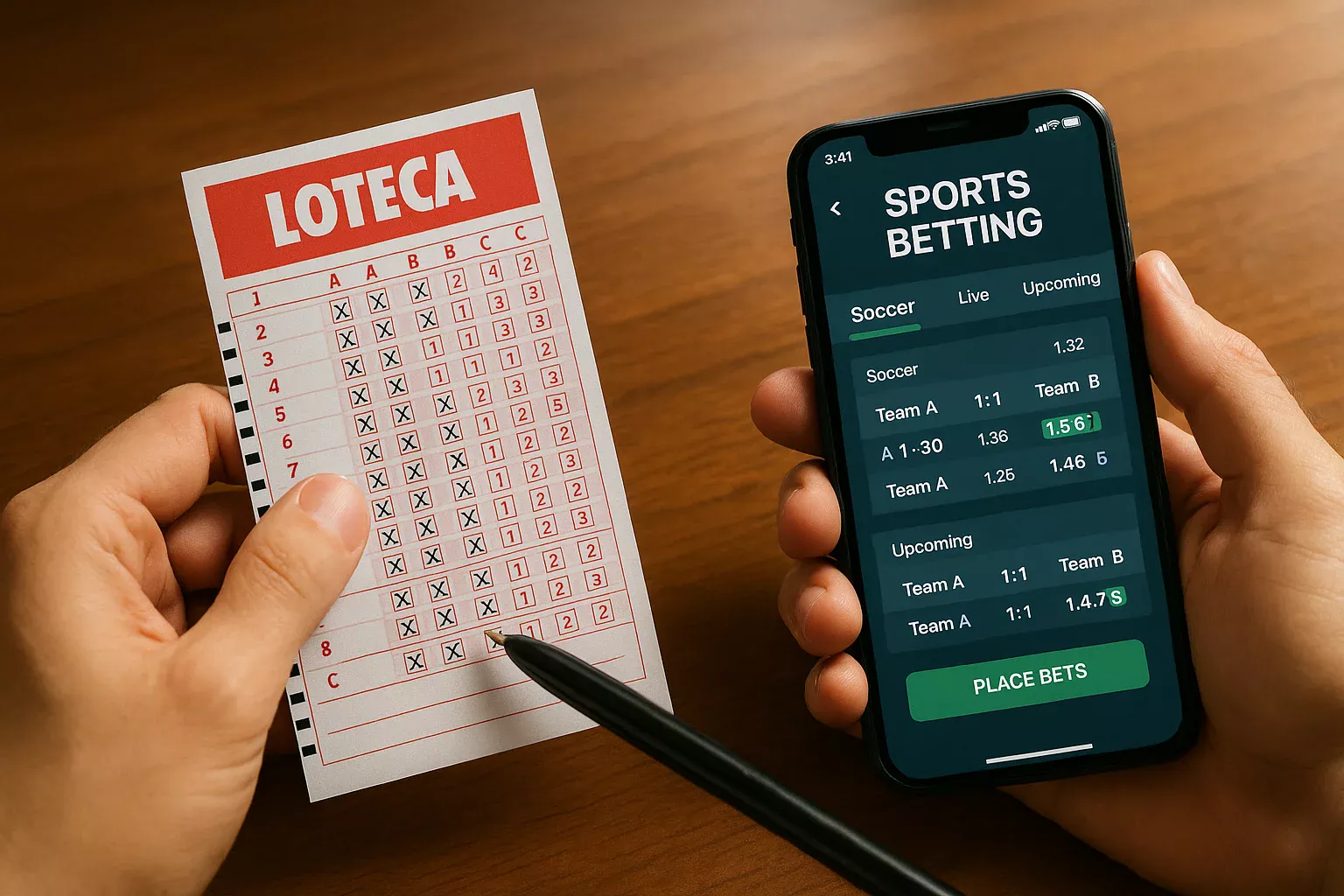 Comparacao visual entre volante da Loteca e dispositivo com apostas online