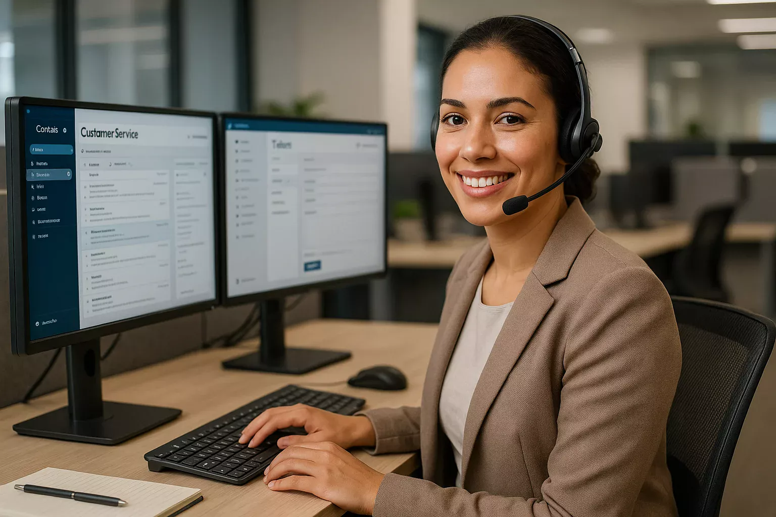Profissional de atendimento ao cliente com headset em ambiente moderno